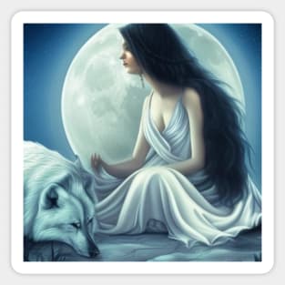 Beautiful Moon Goddess with Wolf #werewolf #moongoddess #fantasy Sticker
